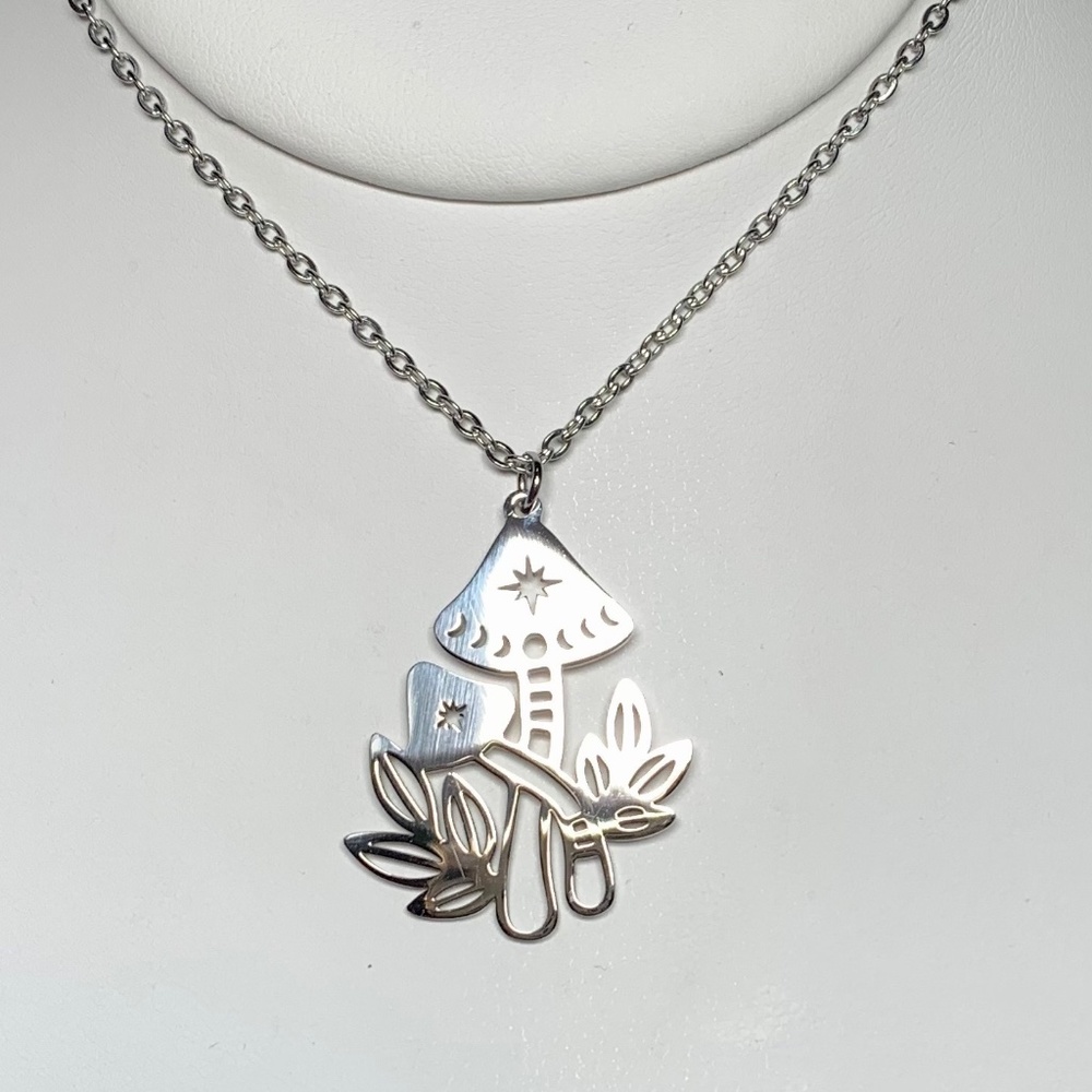 Shining Fairy Mushrooms, Stainless Steel Pendant Necklace